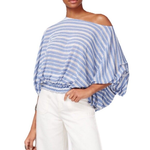 Free People Azalea Stripe Top Size Small Oversized Boho Blue & White - Picture 1 of 10